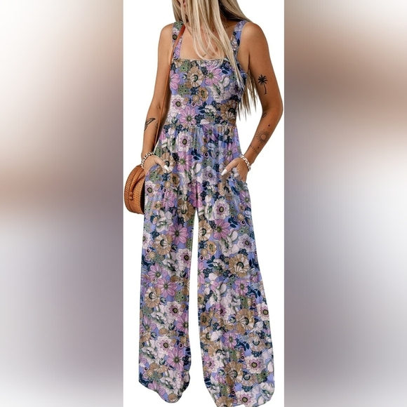 Pants - NWT DOKOTOO PURPURA and PINK Floral Wide-Leg Jumpsuit with Spaghetti Straps